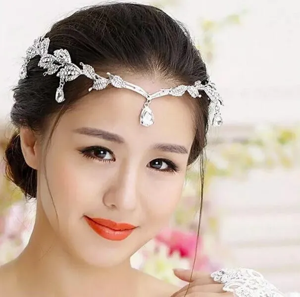 Silver Crystals Rhinestones Leaves Head Chain Jewelry Forehead Headpiece Bride Rhinestone Wedding Hair Accessories