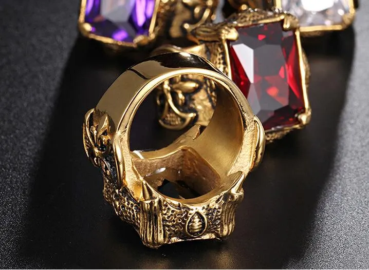 Vintage Gouden Kleur Dragon Claw Ringen Hiphop Mannen Rvs Grote Rood Groen Paars Wit CZ Zirkoon Kristallen Stenen Kruis ring Mannen 245f