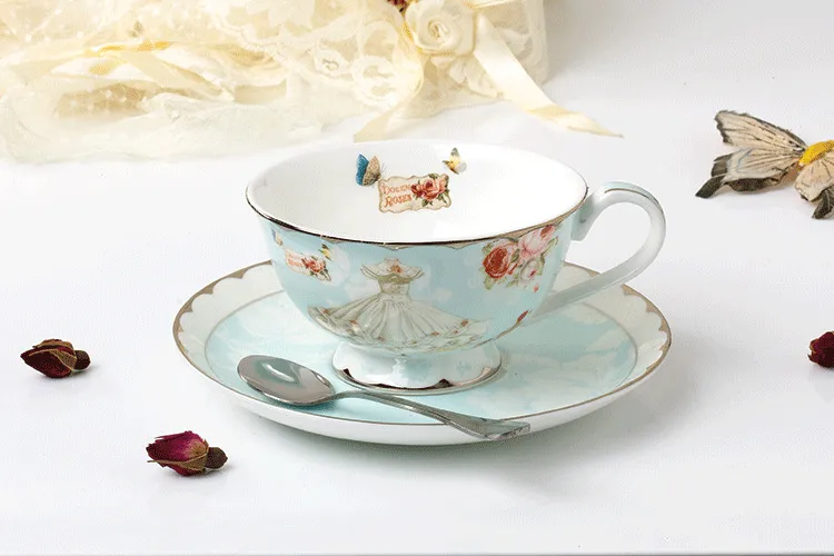 Conjuntos de xícara de chá, pires e colher, xícaras de chá vintage de osso real, flor rosa, conjunto de caixa azul 7-Oz278c