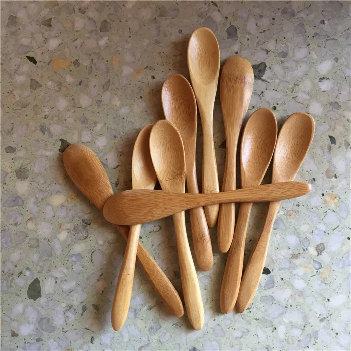 100 stycken liten bambu sked 13 5 cm naturliga skedar hållbara för café kaffe te honung socker salt sylt mustard glass handgjorda ut308v