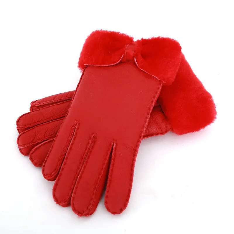 全体 - 暖かい冬の女性の革の手袋本物のウールグローブ女性100％品質保証2731