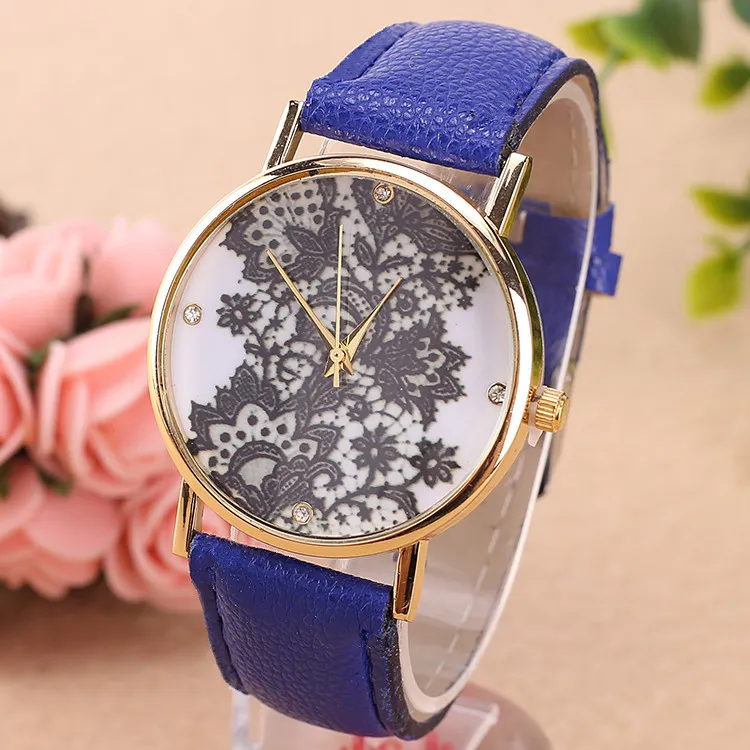 Women Fashion Quartz Wrist Watch Lace Flower Printed Leather Band Ladies Casual Analog Women's Watches 