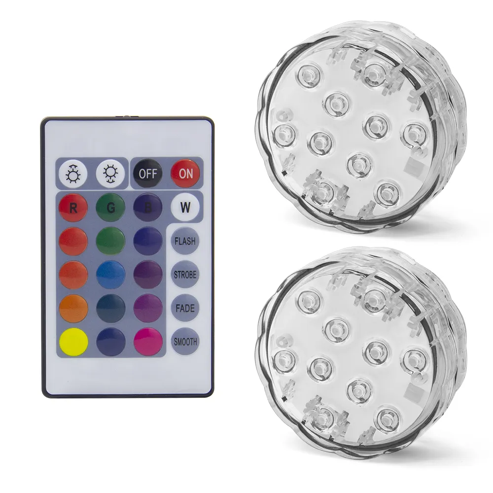 10leds RGB LED تحت الماء تحت الماء البركة الغاطسة IP67 السباحة المضادة للماء بطارية الضوء تعمل لحفل الزفاف 245G