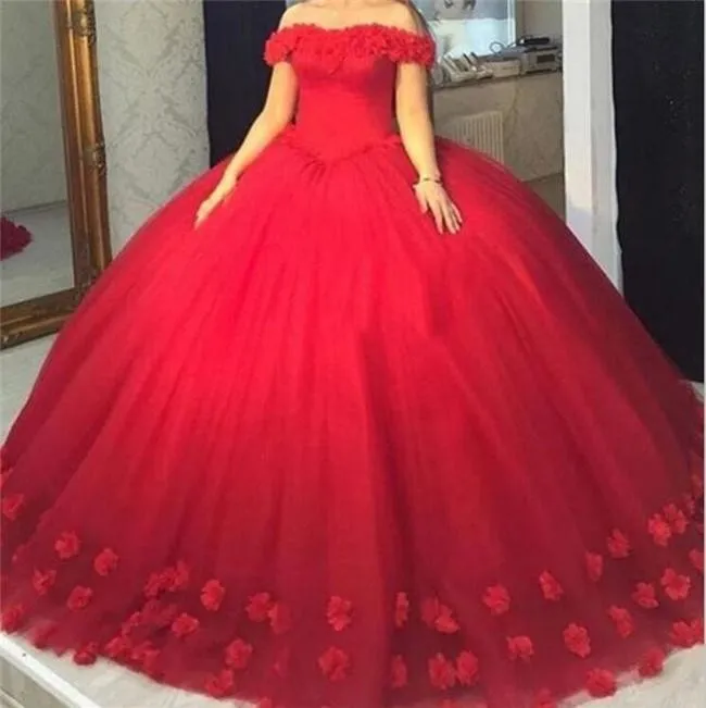 2020 Red 3D-Floral Appliques Puffy Ball Gown Quinceanera Dresses Sweet 16 Off Shoulder Tulle Lace Up Back Corset Evening Party Pageant Dress