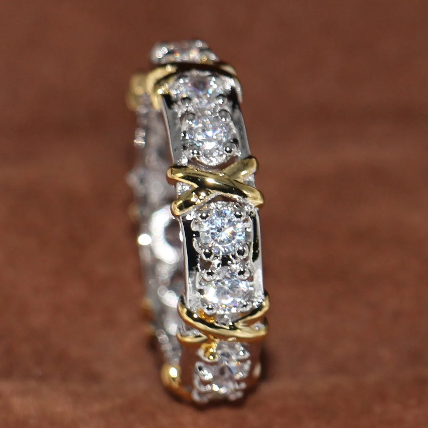 Wholesale Professional Eternity Diamonique CZ Simulated Diamond 10KT White&Yellow Gold Filled Wedding Band Cross Ring Size 5-11