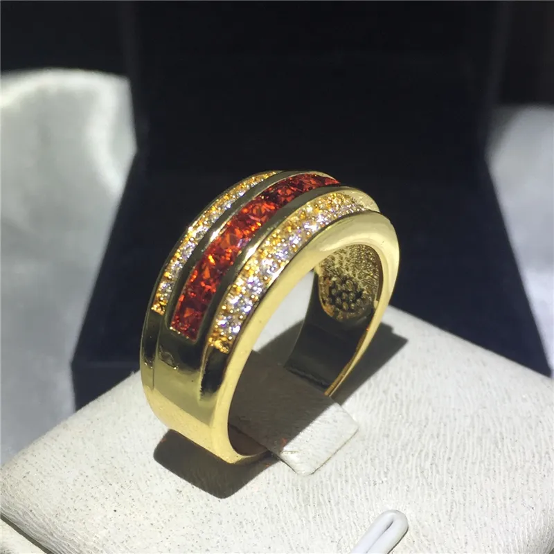Round Male Band Ring Garnet 5A Zircon stone Party wedding band ring for Men Yellow gold filled fashion Jewelry3344