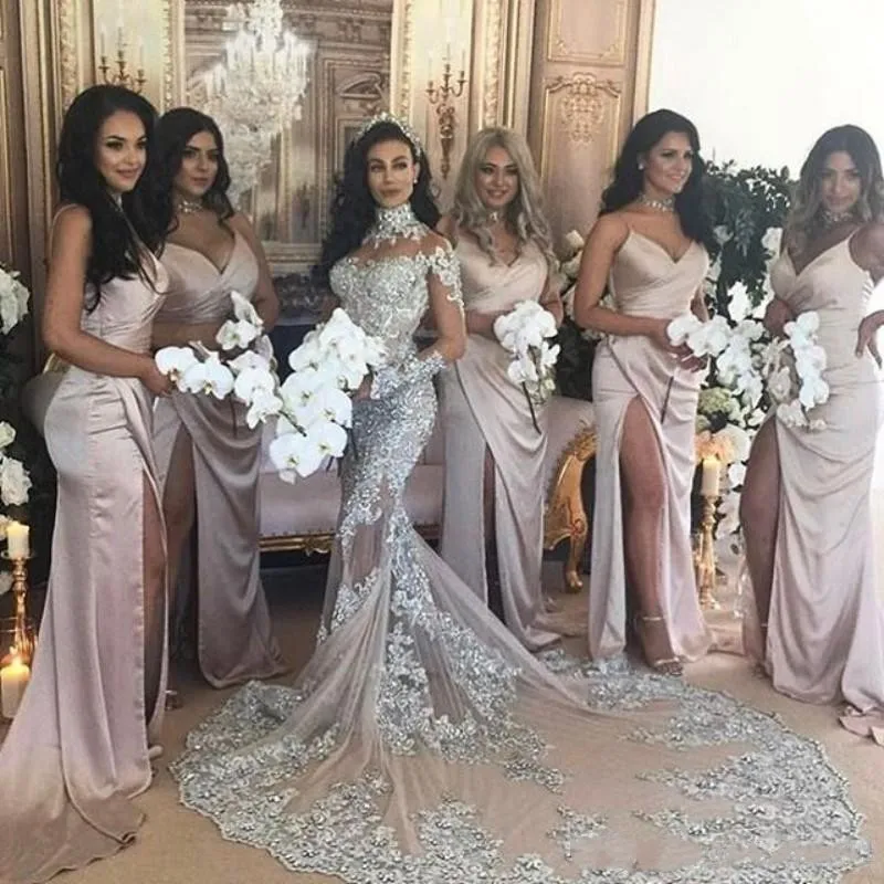 Luxury Arabic Dubai High Neck Mermaid Wedding Dress Silver Beaded Long Sleeves Illusion Lace Applique Backless Court Train Wedding Gown