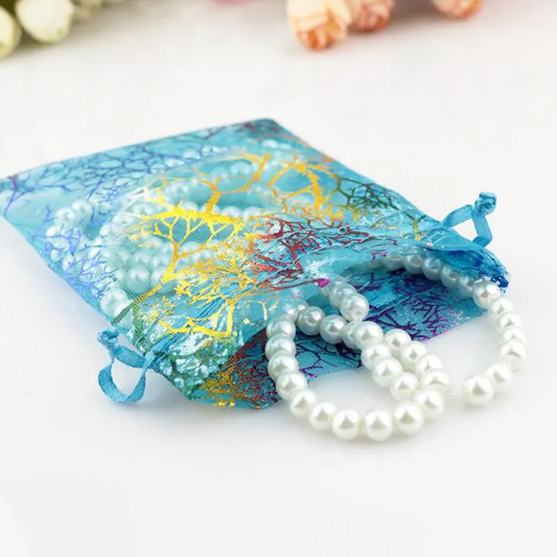 100 szt. Niebieska koralowa moda organza biżuteria torebki prezentowe torebki 7x9cm sznurka worka organza prezent torebki