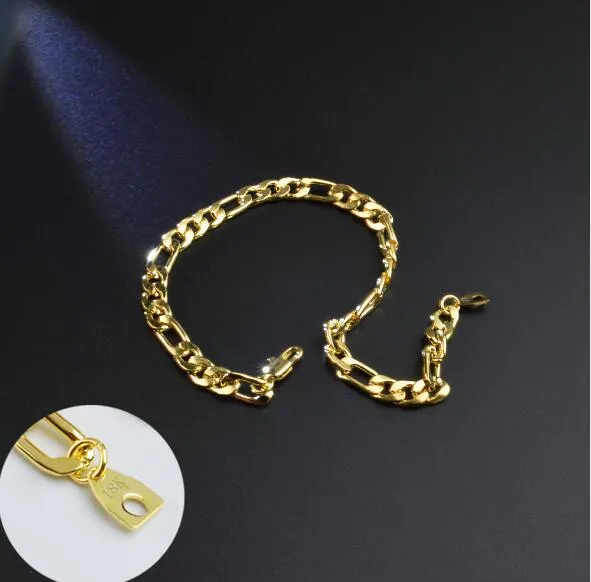 Heißer Mann Frau Überzug 18K Gold 5MM Armband flache Kette Seitenarmband Trendiges langes Figaro-Kettenarmband 19/20/21/22/23cm