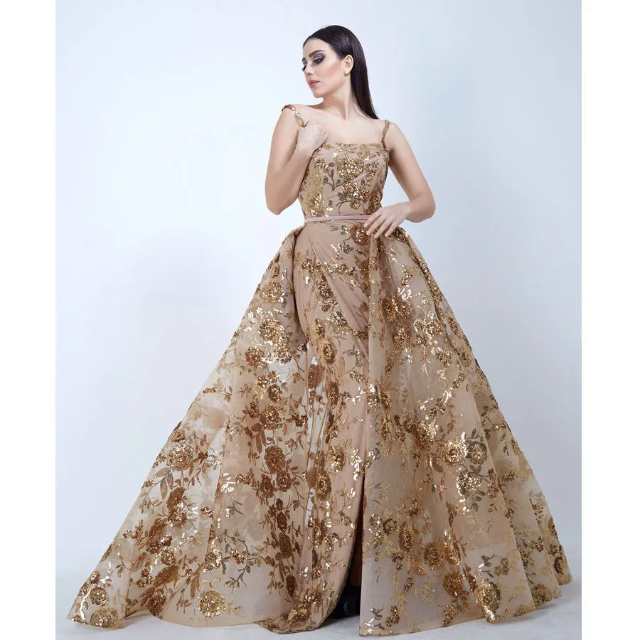 Yousef Aljasmi Mermaid Evening Dresses With Detachable Train Gold Sequined Arabic Prom Gowns Square Neck Tulle Split Side Formal Dress