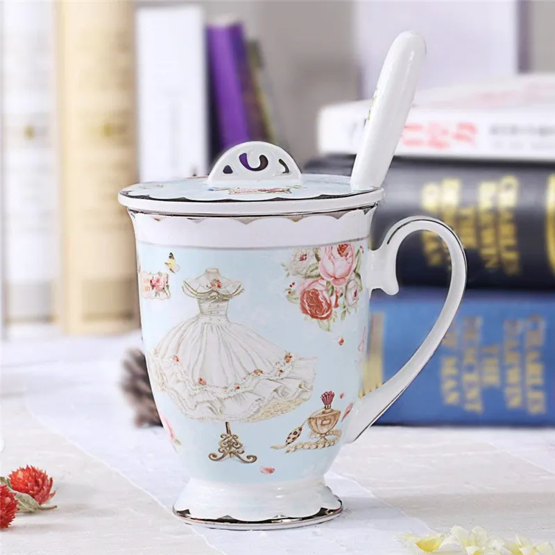 Ensemble tasse à thé, couvercle et cuillère, tasse à café en porcelaine fine Royal, 11oz, tasses à thé bleu clair, cadeau pour femmes, coffret cadeau pour maman, 313p