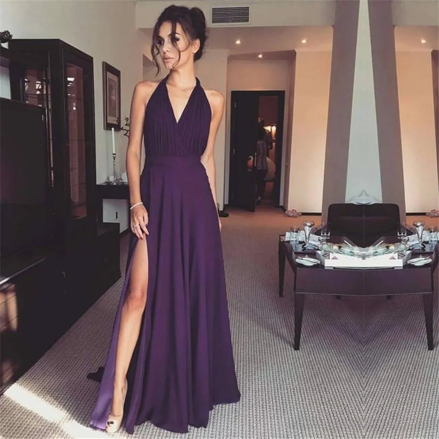 Sexy Split Burgundy Evening Gowns Halter V Neck Long Bridesmaid Dresses A Line Chiffon Long party dresses Prom Gowns High Slit Customize