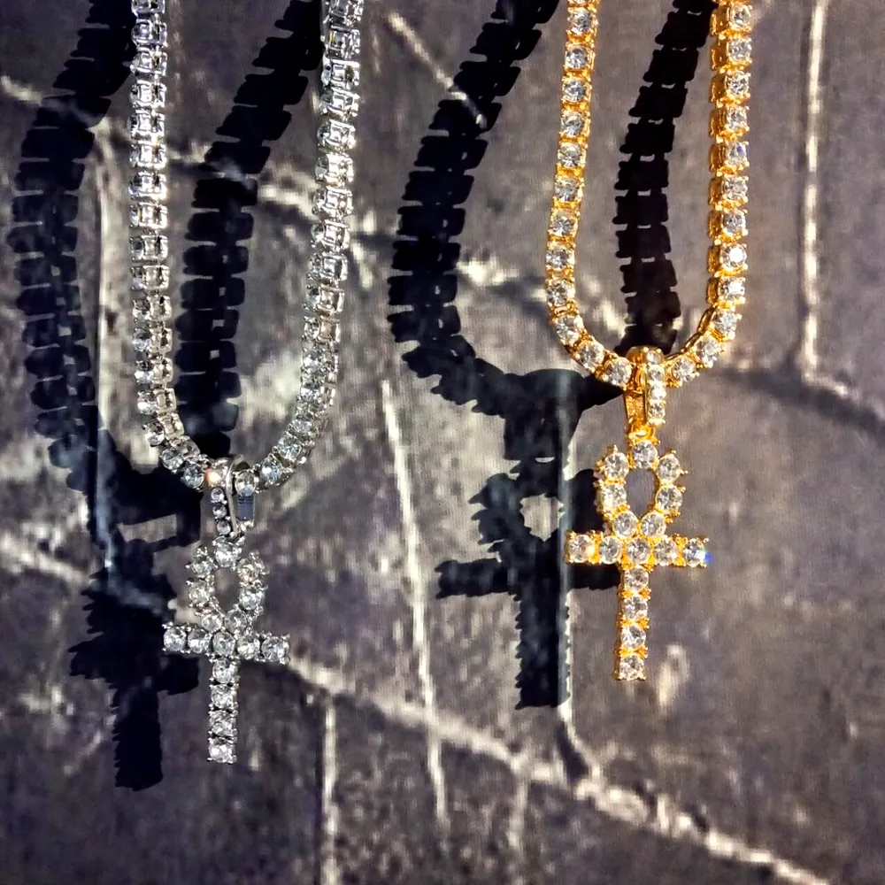 قلادة قلادة مصرية عن Kh Key of Life مع صف واحد من أحجار الراين الواضحة سلسلة التنس 20 24 30inch Hiphop Jewelry255k