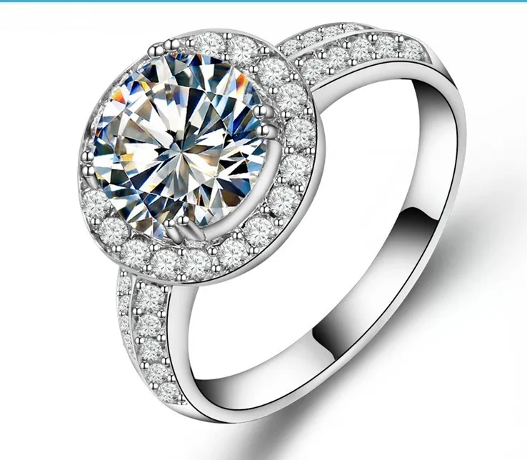 ضمان 2ct فضة موثوق الذهب الأبيض اللون الاصطناعية الماس خاتم الخطوبة المرأة مجوهرات الزفاف العصرية