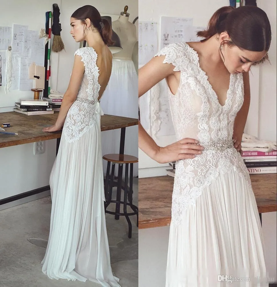 Bohemian Summer New Design Backless V Neck Cheap Chiffon Boho Beaded Crystals Sashes Chic Beach Country Bridal Gowns Wedding Dresses