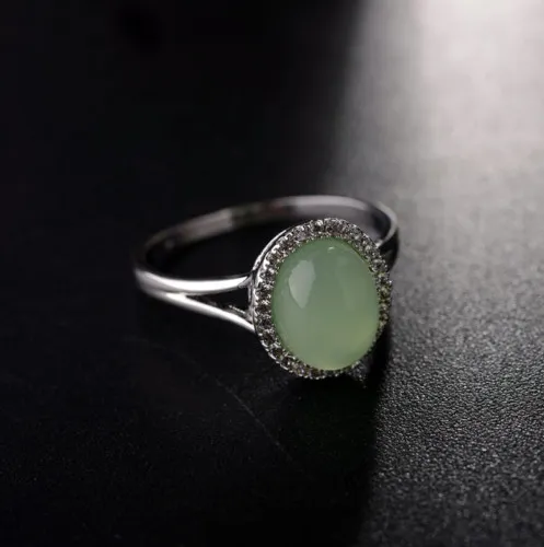Wedding engagement anniversary clothes accessories Three Stone Rings 18k white gold filled green jade ring size 7 8 9