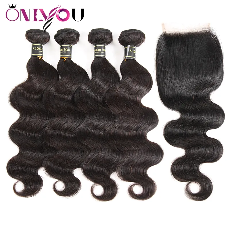 9a Peruvian Virgin Human Hair Body Wave 4 Weaves Bundles with 4x4 Lace Closure Silk Brazilian Body Wave Remy Human Hair Weaves Wholesale