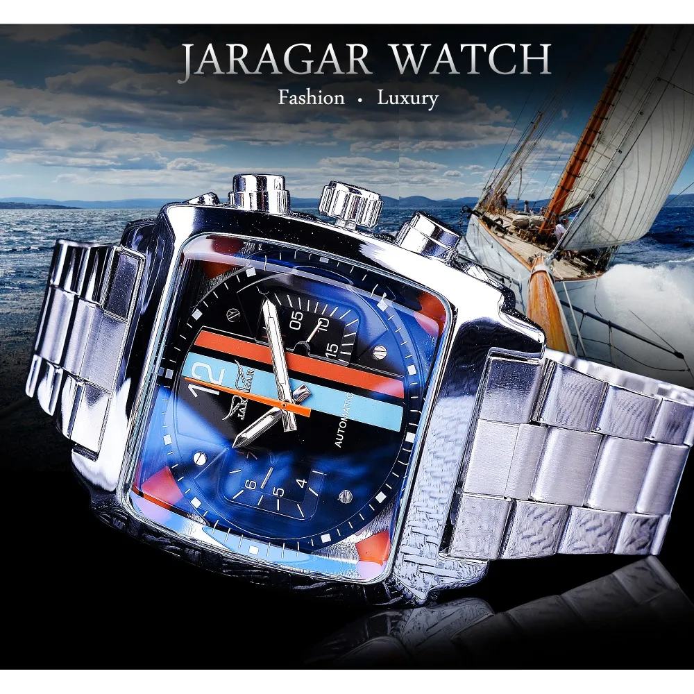 Jaragar Watch Navigator Series Fashion Unique Square Display Waterproof Mens Automatic Watches Top Brand Luminous Hands309R
