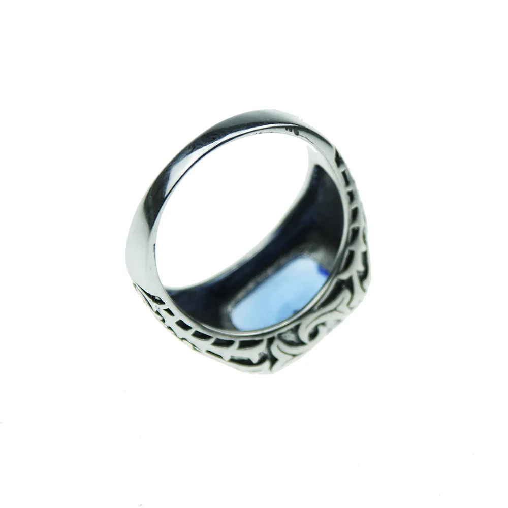 Veri anelli in argento sterling puro 925 uomo Anello in pietra di cristallo naturale blu Anello da uomo Vintage Hollow inciso fiore gioielleria raffinata Y18915250585