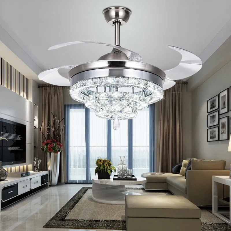 LED Crystal Fan Lights onzichtbaar voor woonkamer slaapkamer restaurant moderne plafondventilatoren 42 inch met afstandsbediening213i