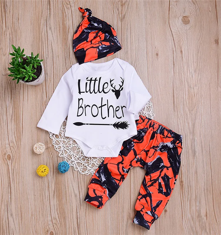 2018 New Toddler Baby Boys Sets Little Brother Romper + Long Pants Leggings + Hat Orange Camouflage Outfits Set Newborn Infant Clothes