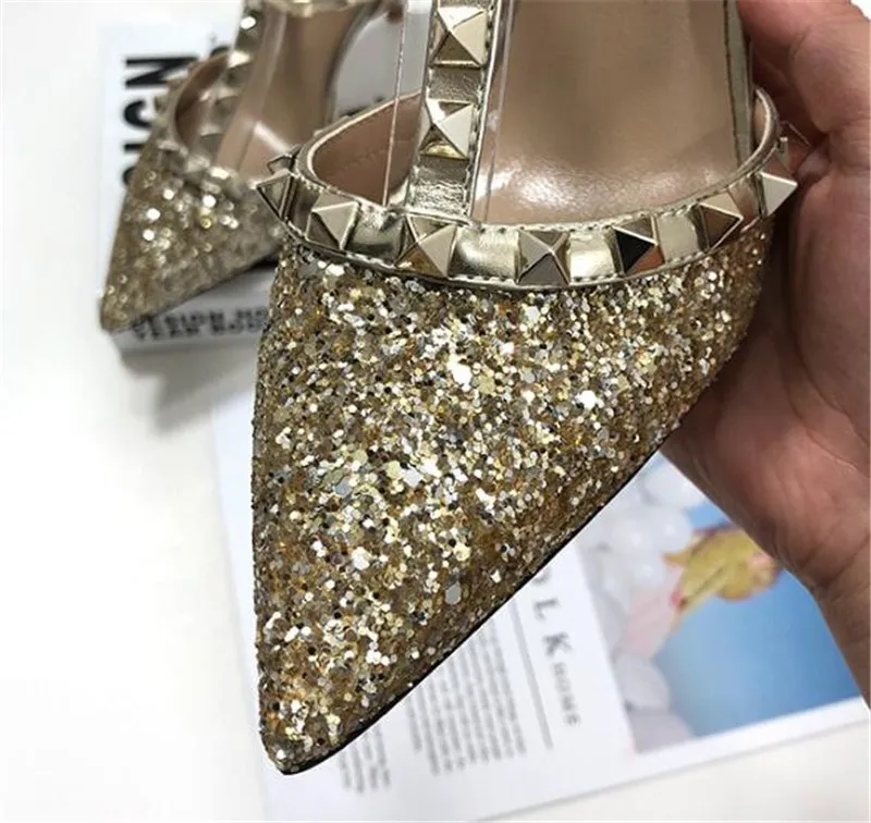 Women Brand Design Pointed Toe Bling Sequined Rivet Pumps Gold Sier Three Straps High Heels Wedding Club Shoes