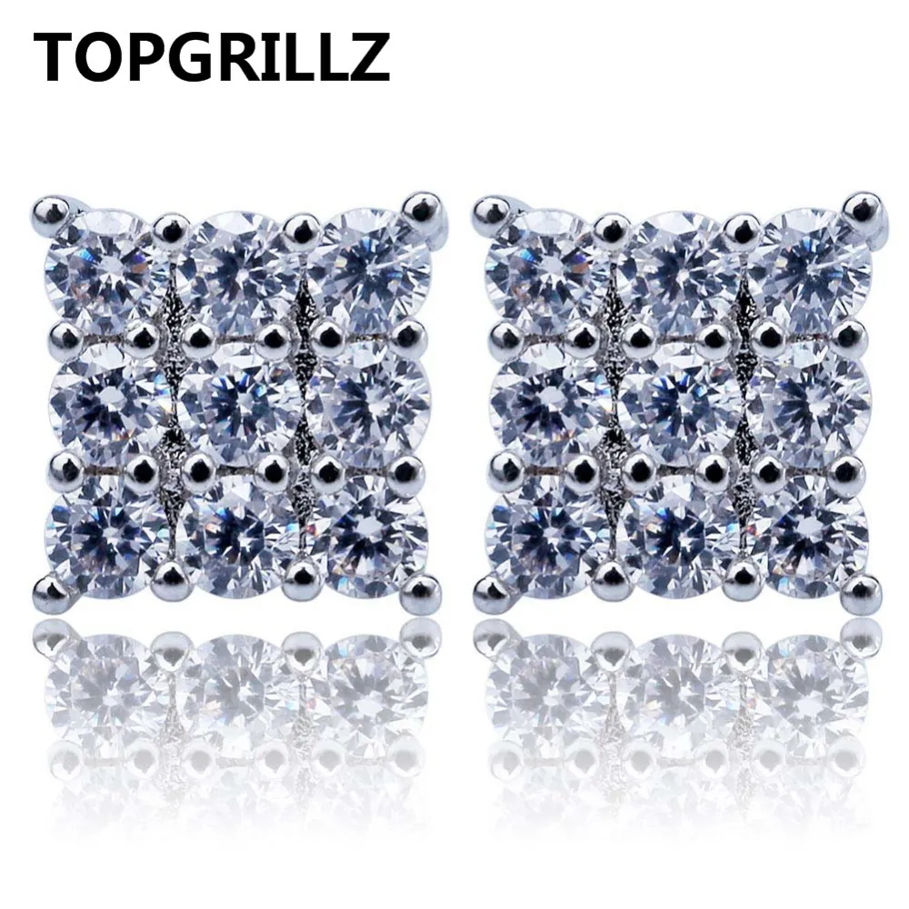 TOPGRILLZ Hip Hop 3Row Cubic Zircon Square Stud Earrings Men Women Jewelry Gold Silver Color CZ Earring With Screw Back Buckle261H