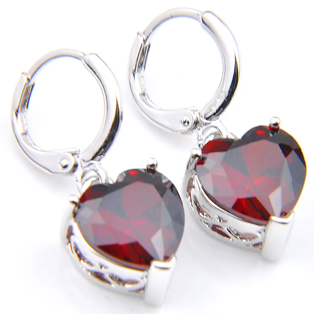 Luckyshine 5 Juegos de joyería de boda, colgantes, pendientes, corazón, gemas de granate rojo, collares de plata 925, compromisos Gift209f