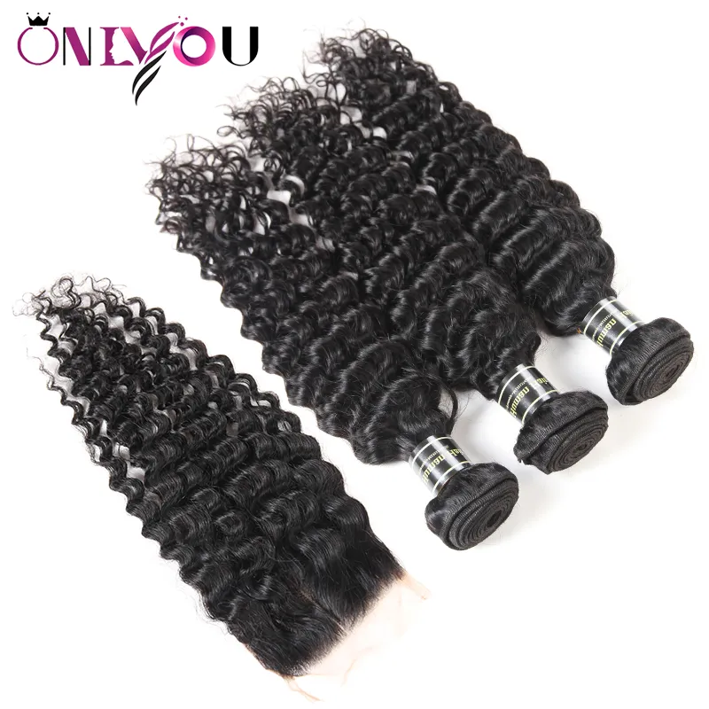 Big Promotion Deep Wave Human Hair Weave Bundles with Closure Brazilian Deep Curly Virgin Hair and Lace Closure Wet and Wavy Hair Extensions