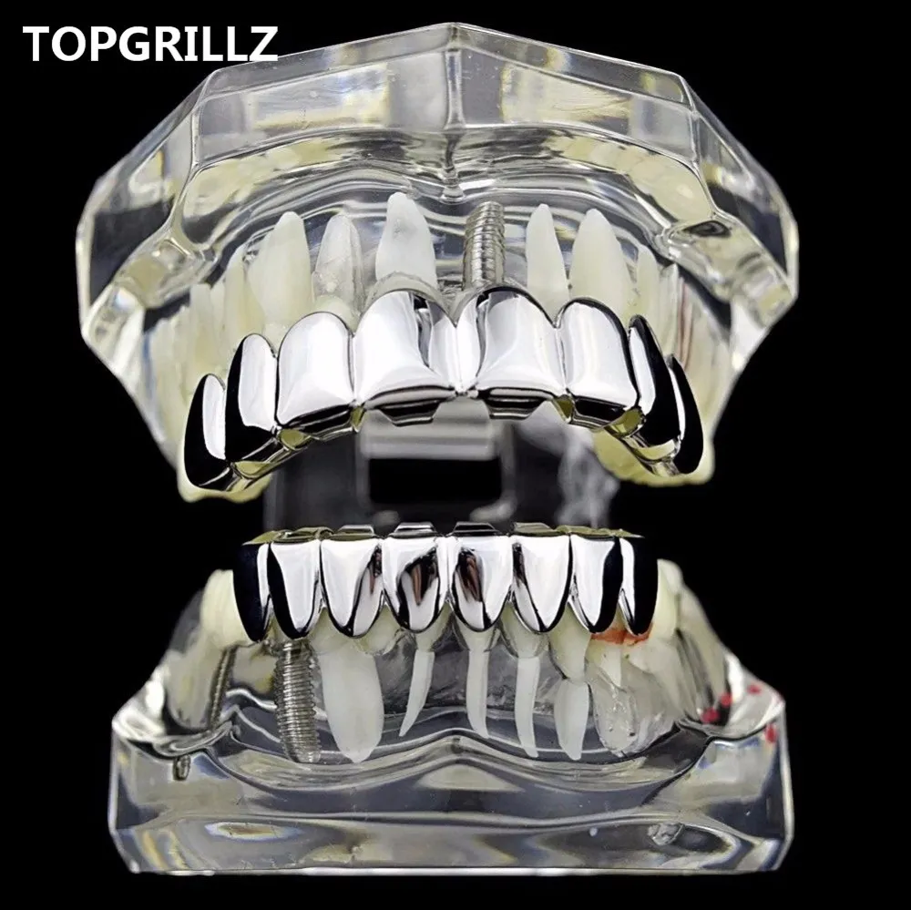 TOPGRILLZ Hip Hop Grills Set Gold Finish Eight 8 Top Teeth & 8 Bottom Tooth Plain Clown Halloween Party Jewelry