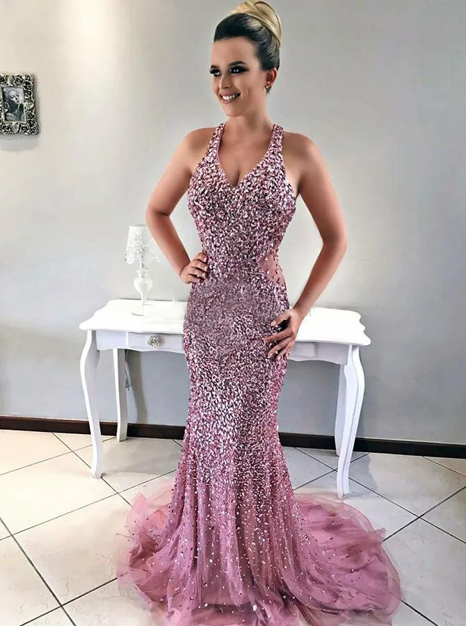 Luxury Evening Dresses With Beaded And Crystal Mermaid Plunging Blush Pink Prom Gowns Back Zipper Custom Made Formal Party Gowns