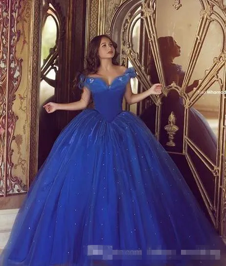 Aschenpinderella -Ballkleid Quinceanera von der Schulter geschwollene Tüll Perlen Langer Abschlussball süßes 16 Kleider Schnürung bodenlange