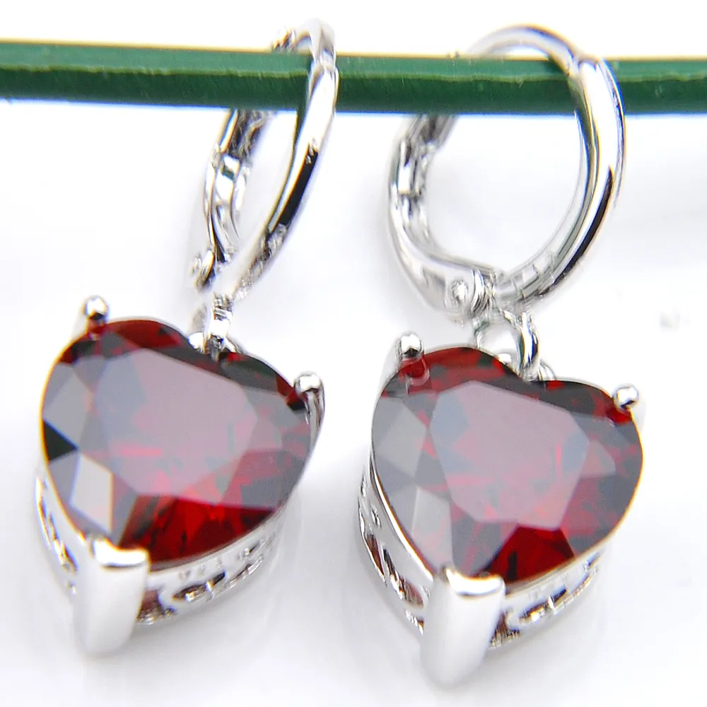 Luckyshine 5 conjuntos de jóias de casamento pingentes brincos de coração cor de granada vermelha 925 colares de prata no presente205w
