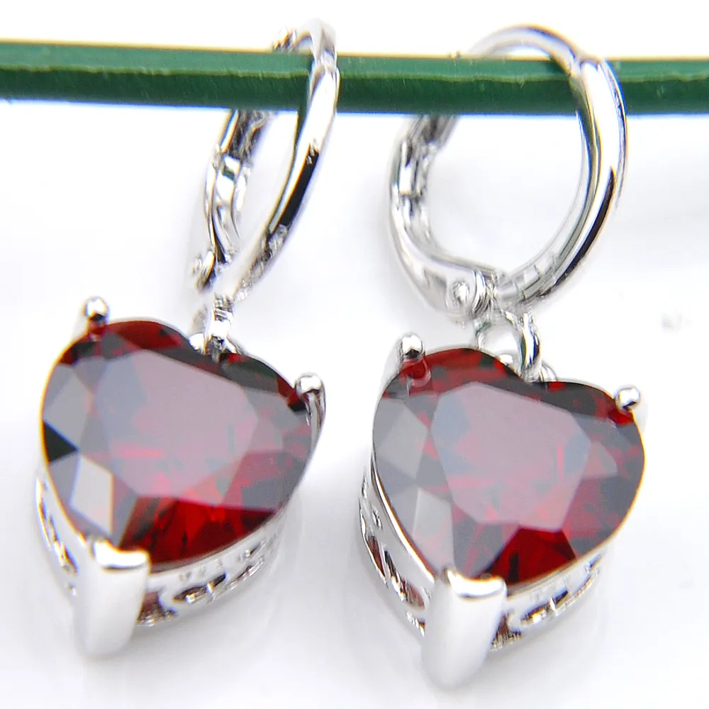 Luckyshine 5 Juegos de joyería de boda, colgantes, pendientes, corazón, gemas de granate rojo, collares de plata 925, compromisos Gift209f