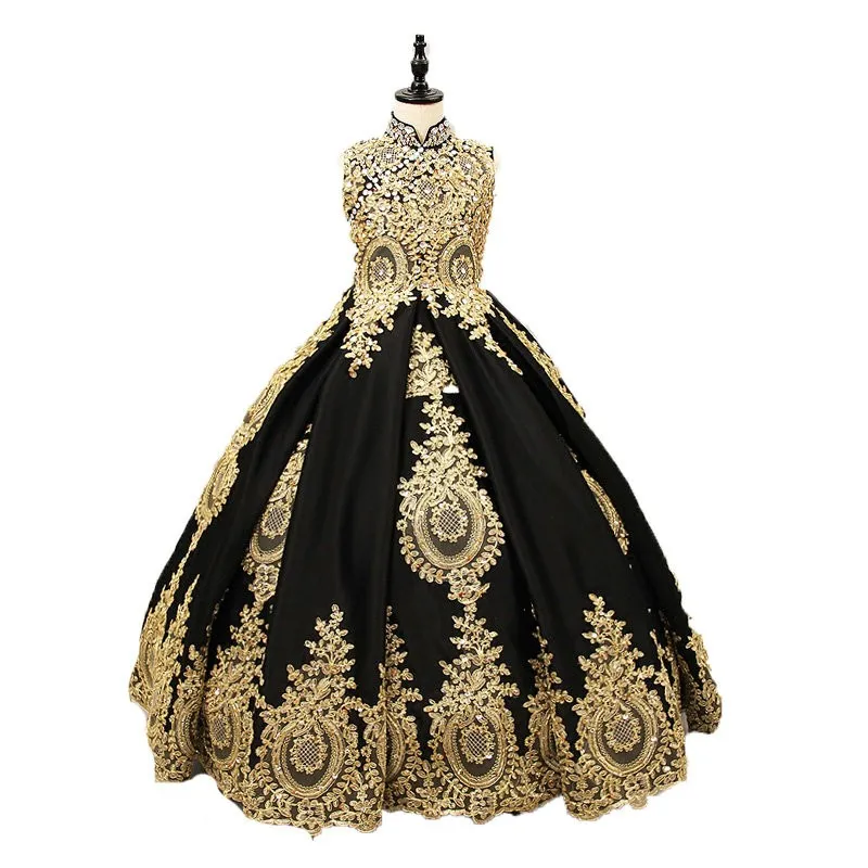 Sexy Black And Gold Lace Flower Girls Dress 2022 High neck With Corset Back Crystal Ball Gown Designer First Communion Pageant Dresses