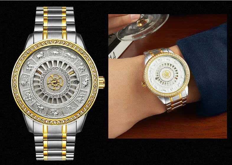 Charme diamants dorés montres hommes plein acier créateur de mode montre-bracelet mécanique date automatique horloge mâle cadeau boxes265o