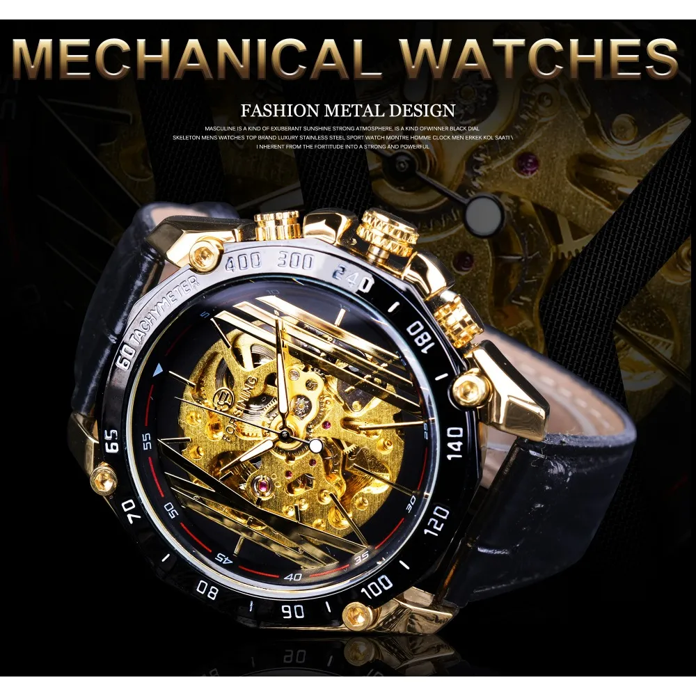 Forsining Big Dial Steampunk Design Luxury Golden Gear Movement Hombres Relojes creativos calados Relojes de pulsera mecánicos automáticos 245e