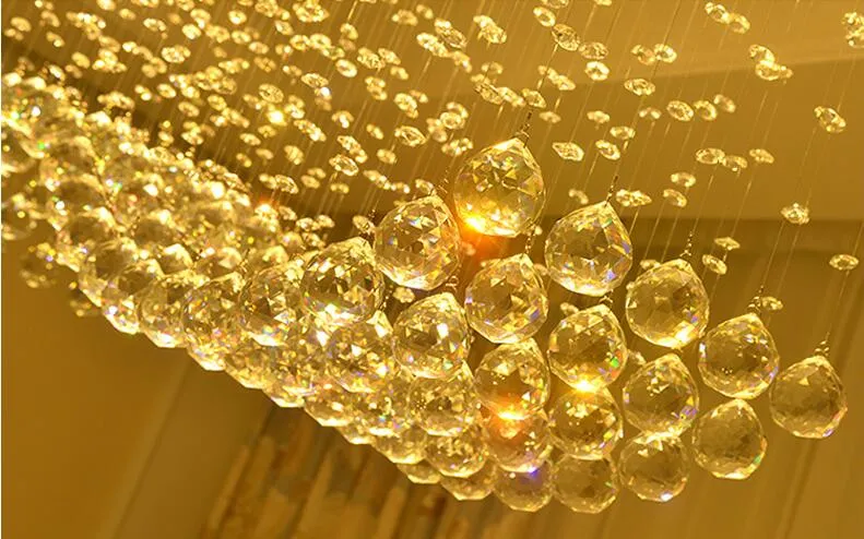 Samtida kristallrektangel ljuskrona belysning Regn Drop Crystals Tak Ljus Fixtur Vågdesign Flushmontering för matsal Roo2543