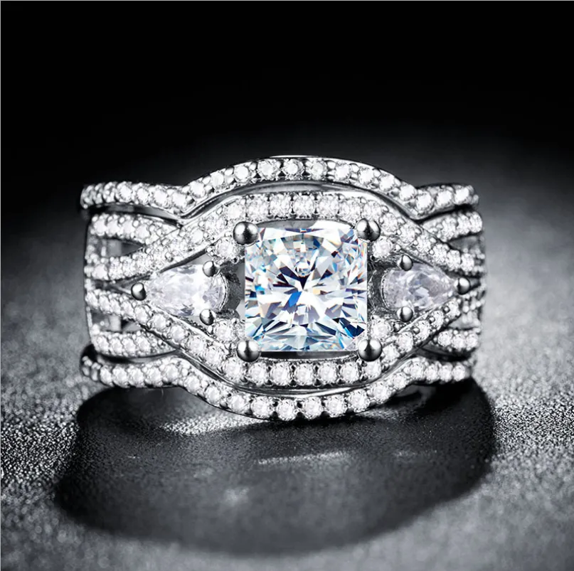 Bijoux de luxe professionnels entiers 14KT WhiteGold Fill Princess Cut White Topaz CZ Diamond Promise Micro 3 IN 1 Wedding Band R304x