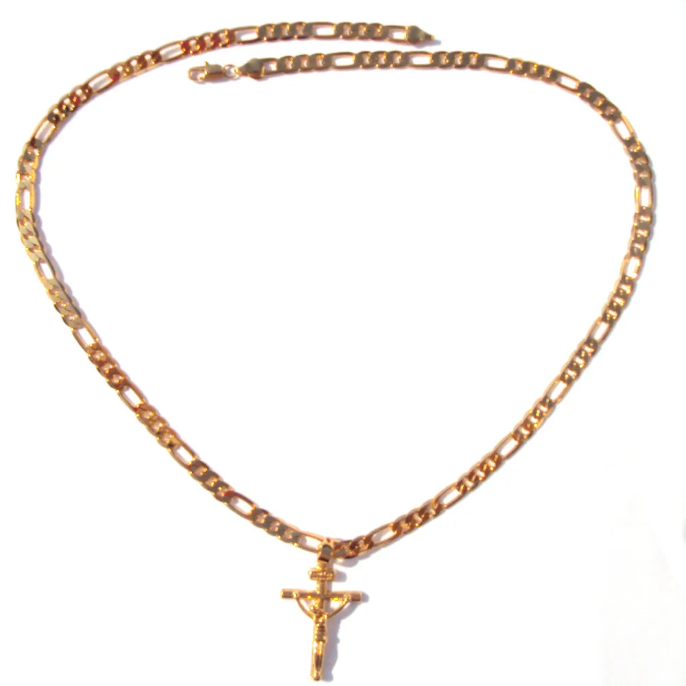 24k Solid Geel Goud GF 6mm Italiaanse Figaro Link Chain Ketting 24 Womens Mens Jesus Crucifix Cross Hanger286C