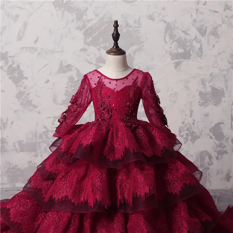 Amazing Multi-Layer Girls Pageant Gowns Dark Red Lace Long Sleeves Appliques Beads Flower Girl Dresses For Wedding Long Train Part276i