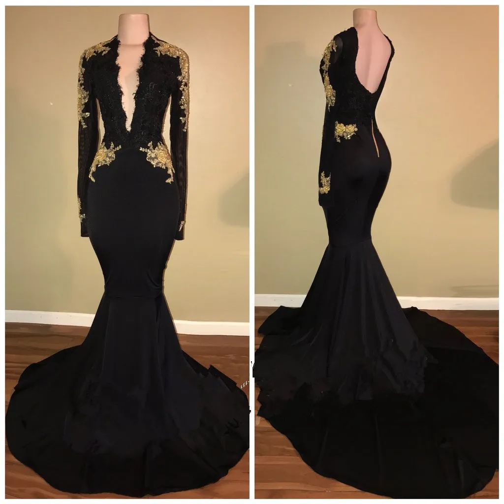 2019 Black Deep V Neck Long Sleeves Prom Dresses Lace Applique Beaded Low Back Sweep Train Evening Gowns Formal Party Dresses