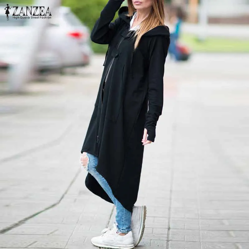 2018 ZANZEA Femmes À Capuche À Manches Longues Fermeture Éclair Cordon Casual Irrégulier Manteau Casual Solide Longue Veste Sweat Plus La Taille D1891803