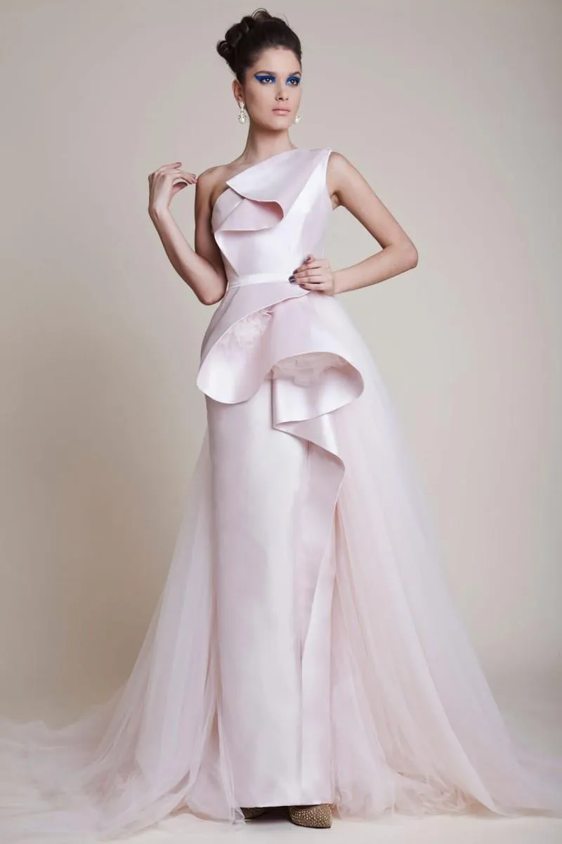 designer pink one shoulder evening dresses overskirt sheath prom gowns satin floor length formal dress