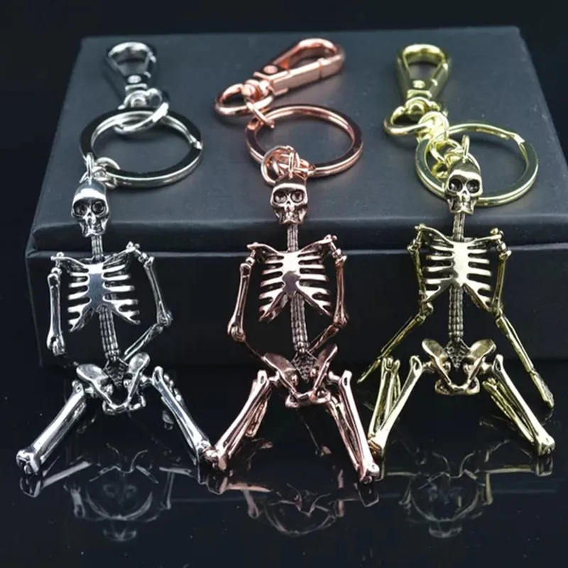 Opvouwbare skelet hanger sleutelhanger voor mannen vrouwen antiek zilver kleur metaallegering schedel tas charme sleutelhanger auto sleutelhanger Keyring236s