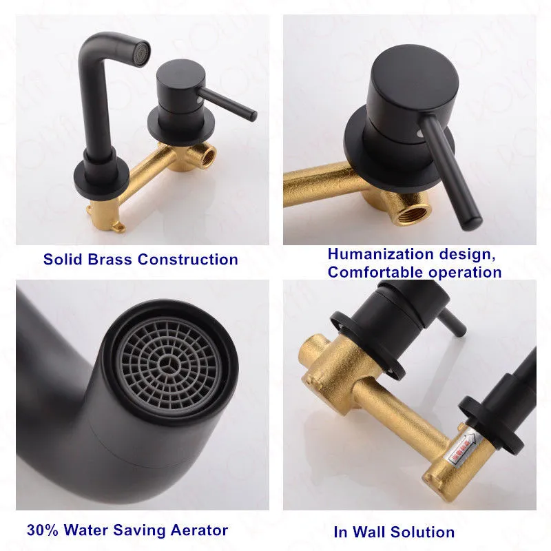 Matte Black Single Handle Wall Mounted Bathroom Faucet Basin Mixer Set Solid Brass Construction