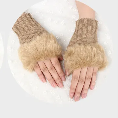 1 çift yün karışımı sahte tavşan kürk kadın parmaksız eldiven örgü tığ işi kış eldivenleri sıcak eldivenler gants femme bayan kızlar190e