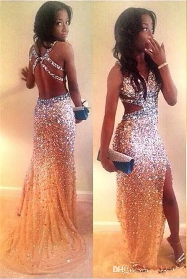 Hot Sell Prom Party Dresses Sexy Formal Gowns Bling Beaded Crystals Elegant High Side Slit Backless Mermaid Evening Dress Spring mm40