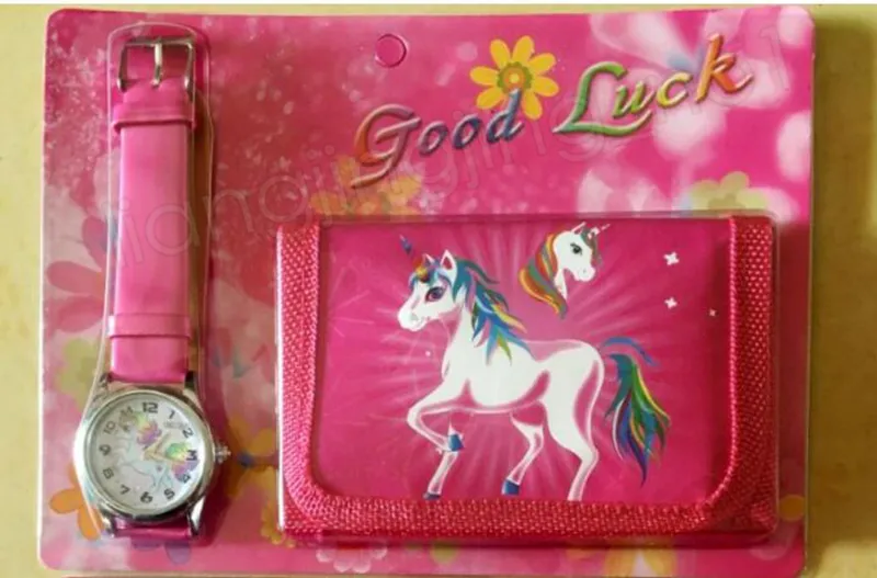 Unicorn Purses Watch Set Girls Wallet Fold Pocket Bags Pink Rose Cartoon Stationery Storage Organizer Bag Kids Purse GGA1209