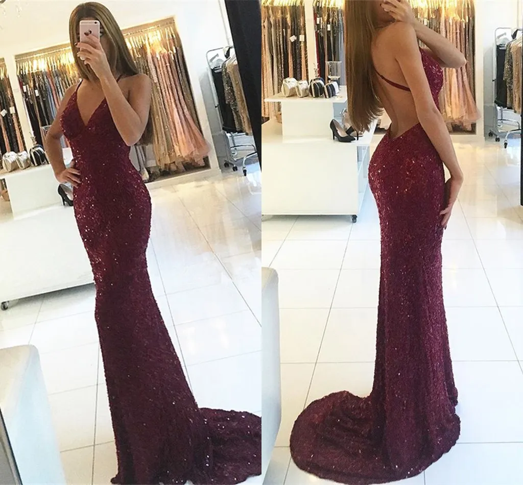 Sexy Spaghetti Straps Cheap Burgundy Mermaid Prom Dresses Beads Crystals Backless Lace Floor Length Formal Party Wear Evening Gowns